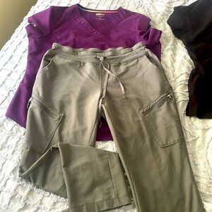 2 Sets of Scrubs grey pants burgundy top and black top
